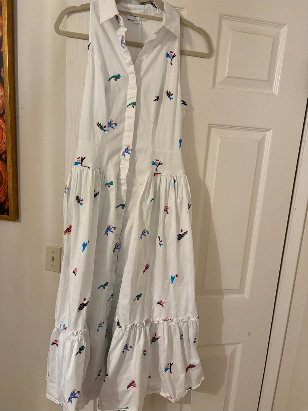 Prabal Gurung White Sleeveless Midi Dress with Multicolor Bird Motifs